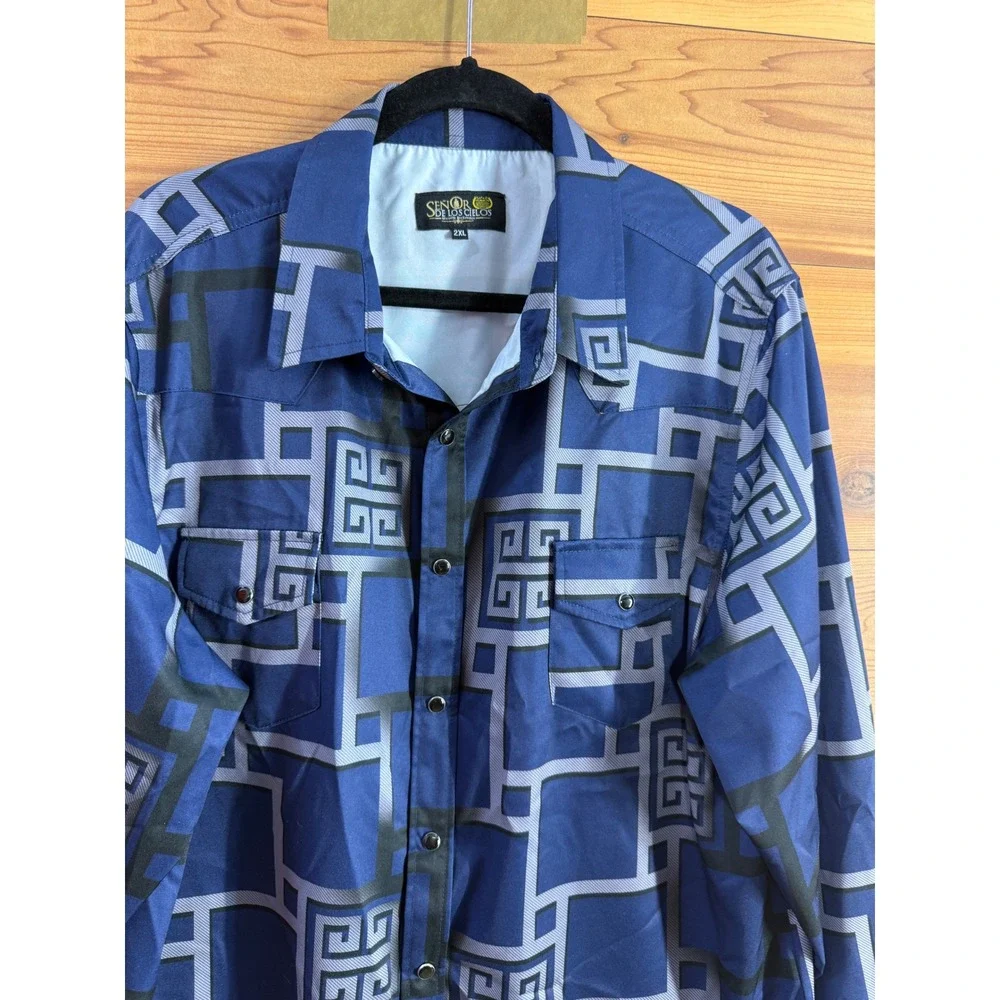Senor De Los Cielos Mens 2XL Blue Geometric Greek Key Western Button Down Shirt